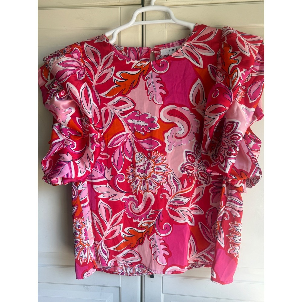 THML Women XL Pink Floral Paisley Ruffle Sleeve Blouse Top Shirt